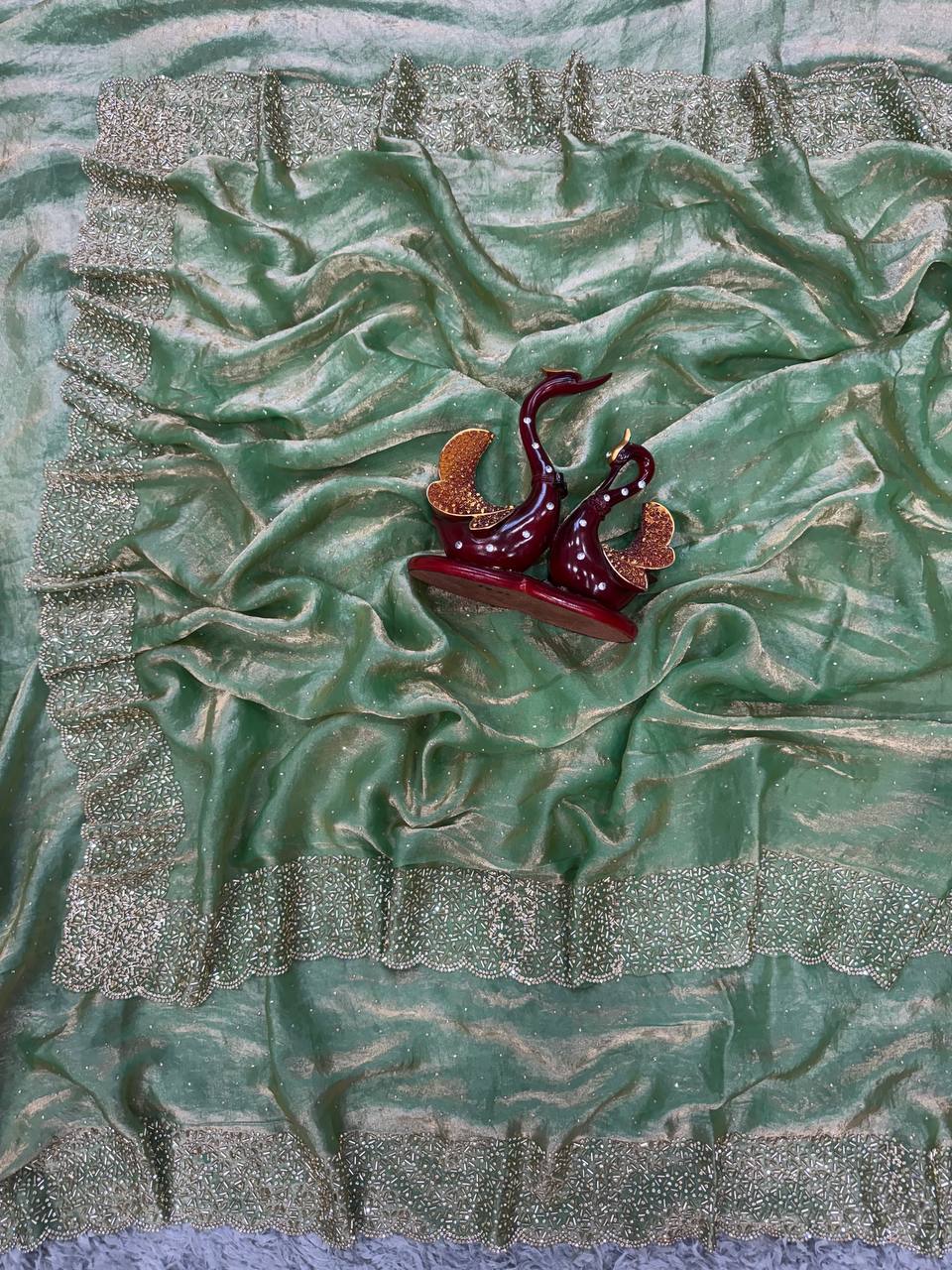 Women's Shimmering Ice Blue Georgette Saree with All-Over Diamond & Sequin Embellishments – Complete with Heavily Worked Border for Festive & Wedding Wear - Image 3