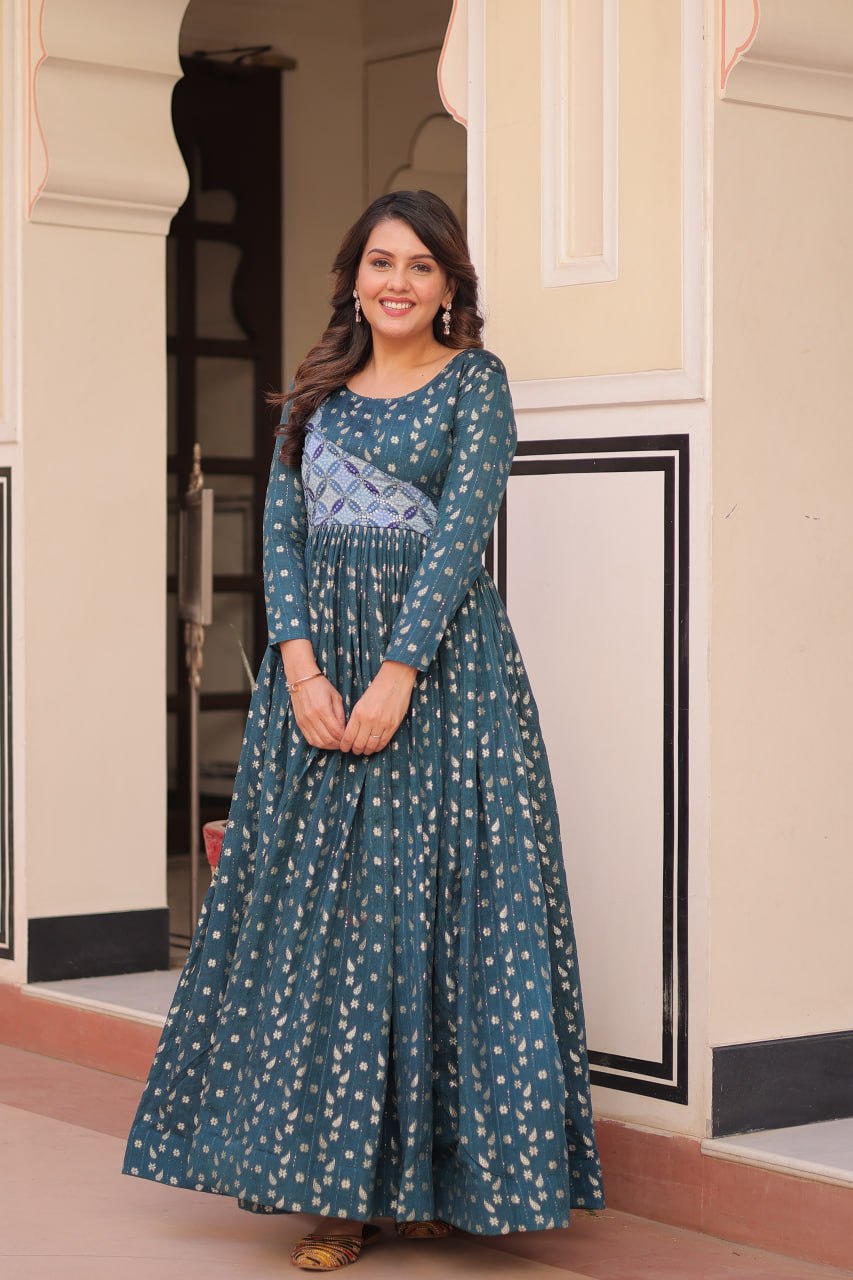 Women's Cotton Printed Anarkali Gown Dress with Embroidered Yoke Design - homedropbazaar Women's Cotton Printed Anarkali Gown Dress with Embroidered Yoke Design - homedropbazaar