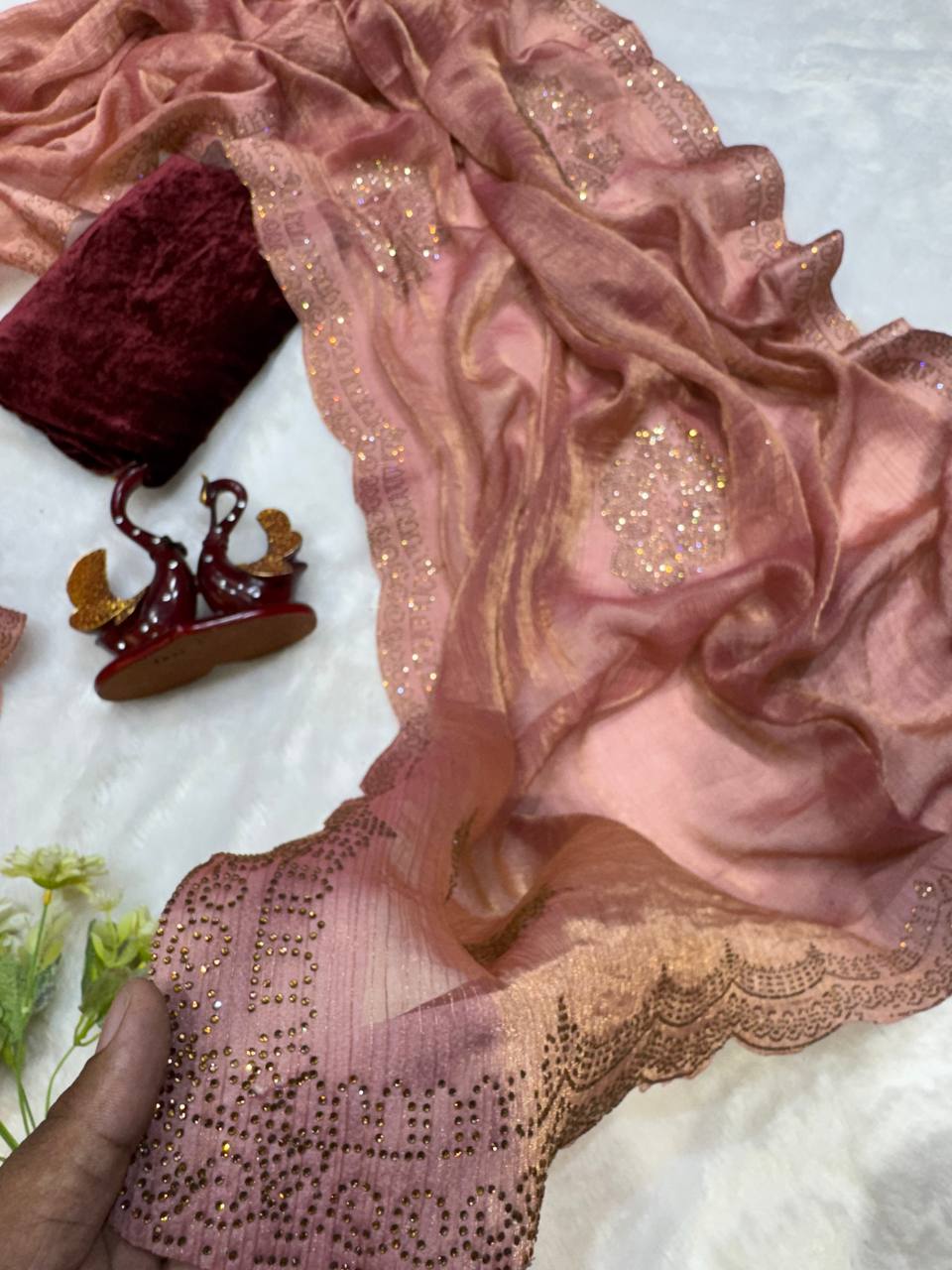 Women's Glamorous Rose Gold Shimmer Saree with All-Over Diamond & Sequin Embellishments β Paired with Luxurious Maroon Velvet Blouse for Festive & Wedding Wear - Image 3