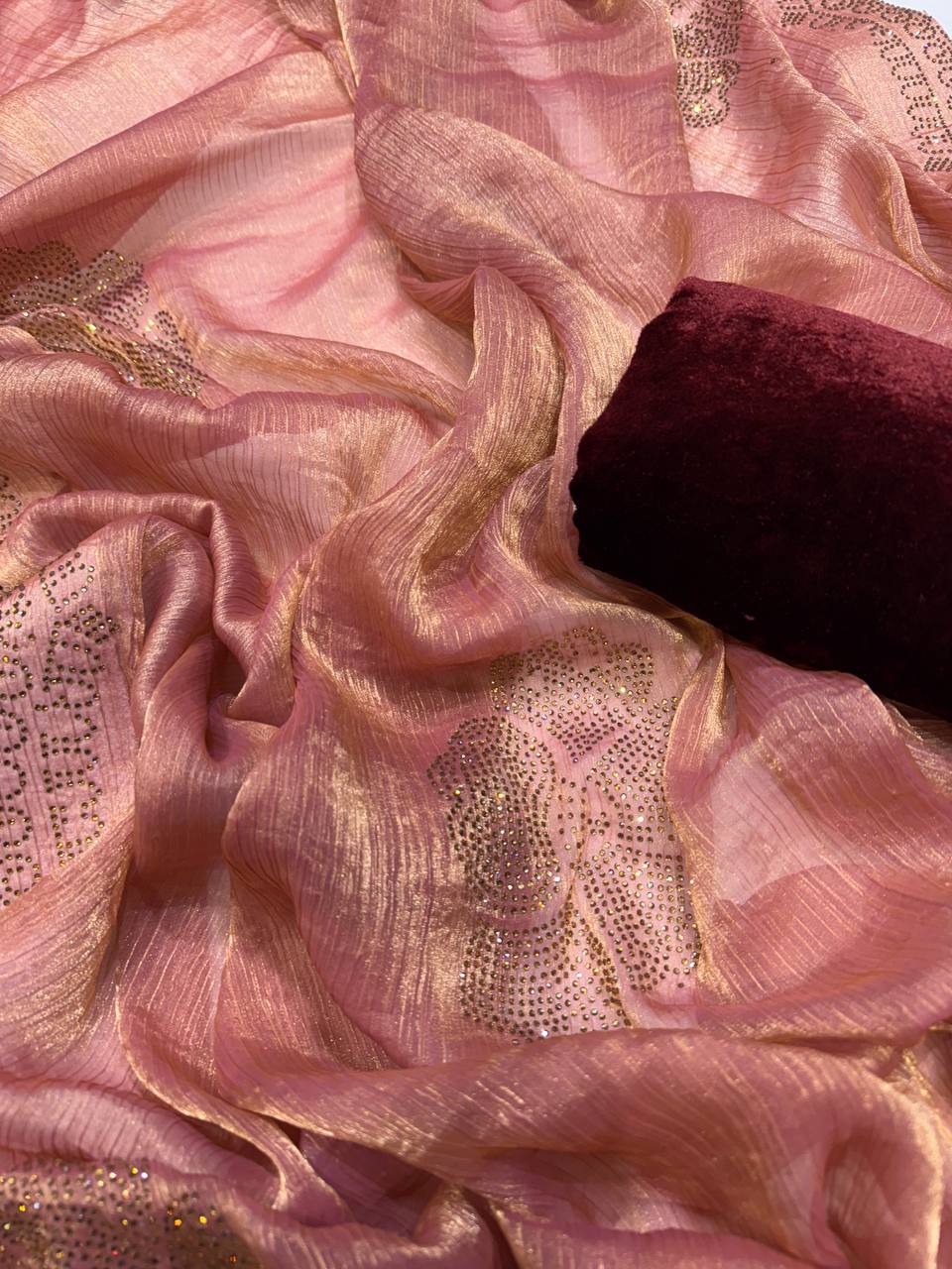 Women's Glamorous Rose Gold Shimmer Saree with All-Over Diamond & Sequin Embellishments β Paired with Luxurious Maroon Velvet Blouse for Festive & Wedding Wear - Image 6